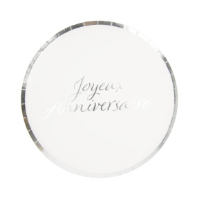 ASSIETTES RONDES 22CM JOYEUX ANNIVERSAIRE ARGENT  X 8