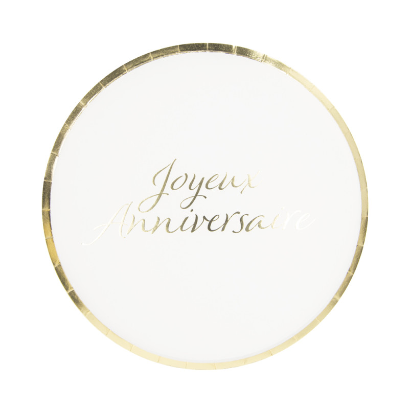 ASSIETTES RONDES 22CM JOYEUX ANNIVERSAIRE OR  X 8