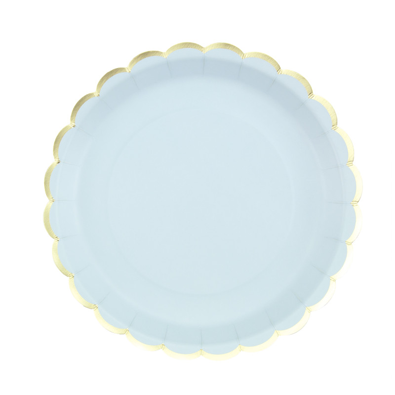 ASSIETTES FESTONNEES 23CM BLEU PASTEL ET OR X 8