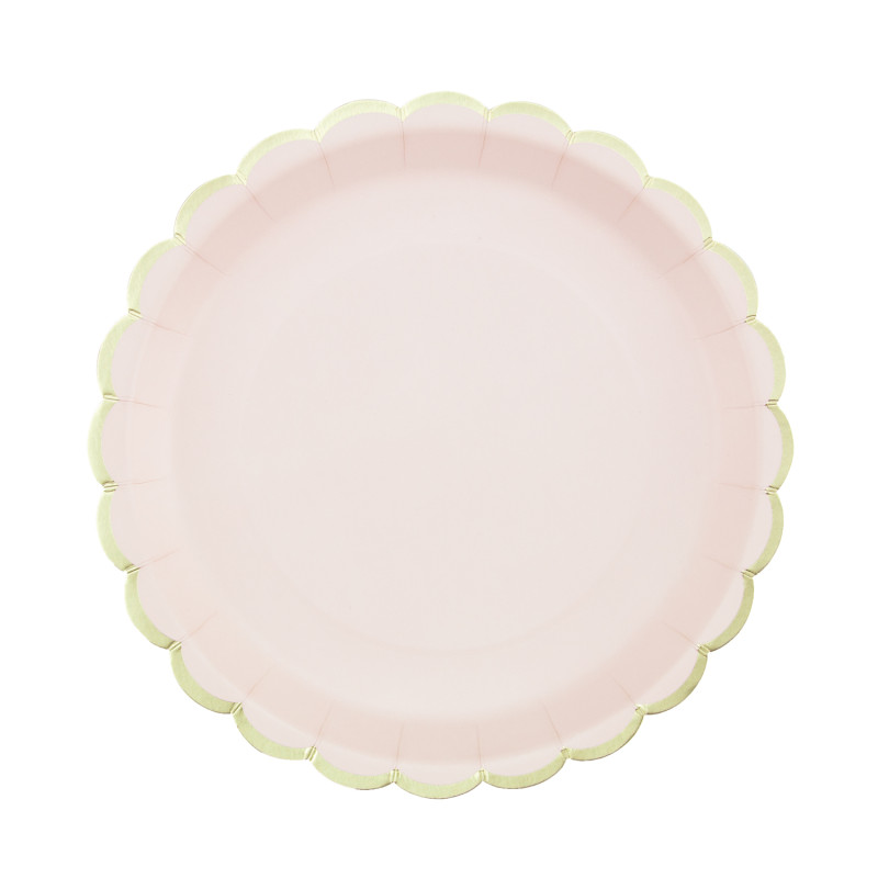 ASSIETTES FESTONNEES 23CM ROSE PASTEL ET OR X 8