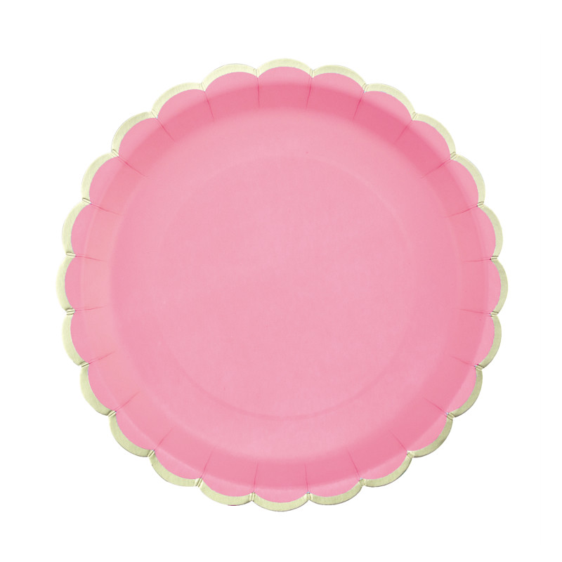 ASSIETTES FESTONNEES 23CM ROSE NEON ET OR X 8