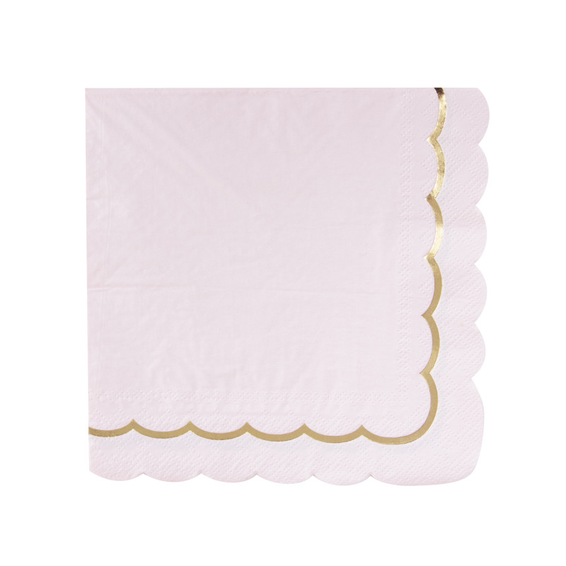 SERVIETTES FESTONNEES 33X33CM ROSE PASTEL ET OR X 16