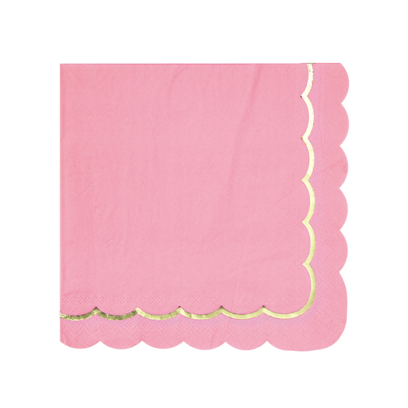 SERVIETTES FESTONNEES 33X33CM ROSE NEON ET OR X 16