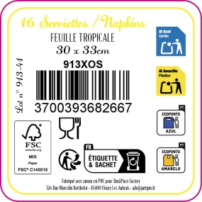 SERVIETTES 30X33 CM FEUILLE TROPICALE X 16
