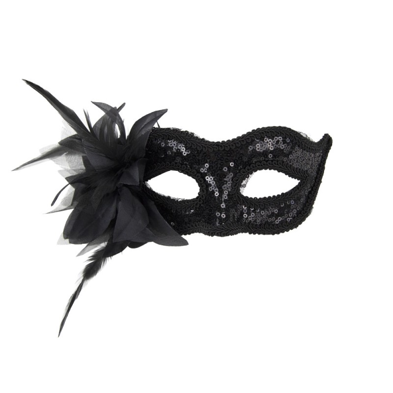 loup vénitien noir sequin avec fleur