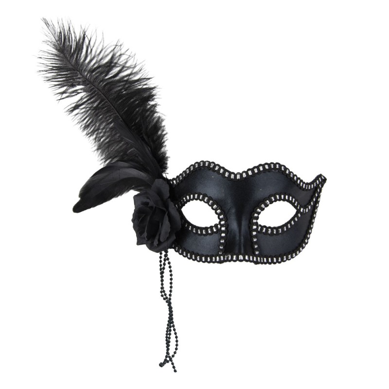 loup vénitien noir avec une grande plume noire