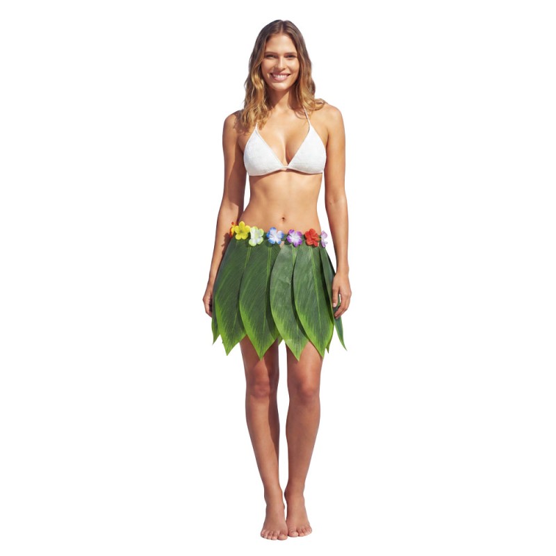 JUPE 40 CM HAWAI FEUILLE DE BANANE AVEC DES FLEURS